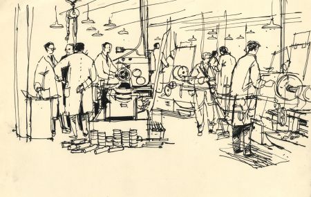 Paul Sharp - Mid 20th Century Pen and Ink Drawing, Technicians at Work
