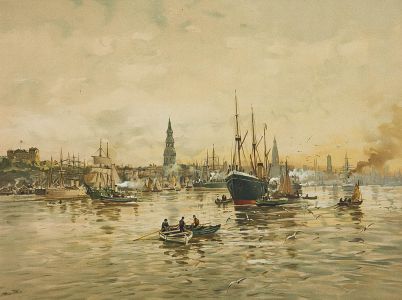 R.F - Mid 20th Century Chromolithograph, Harbour Scene