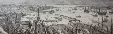H.W. Brewer - 19th Century Engraving, Bird's-Eye View of Portsmouth Harbour