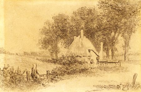 Small 19th Century Graphite Drawing - Cottage
