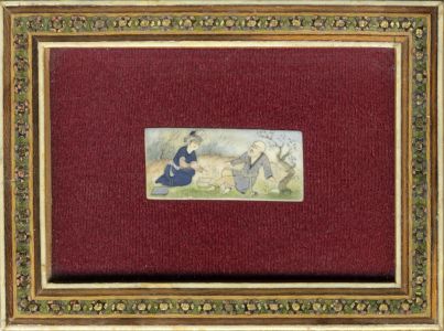 Small Mughal Mid 20th Century Gouache on Ivorine - Pair Reading Literature