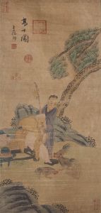 Large Japanese 19th Century Watercolour - Feeding the Chickens