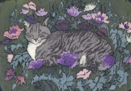 Audrey Curran - Mid 20th Century Batik, Cat & Poppies
