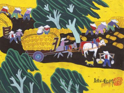 Contemporary Gouache - Busy Farm Scene