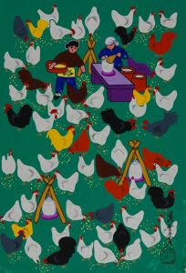 Chinese Contemporary Mixed Media - Feeding the Chickens