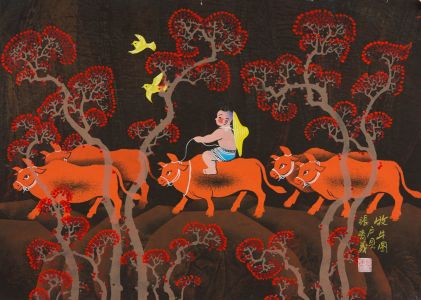 Chinese Contemporary Mixed Media - Man Riding Cattle