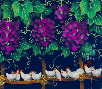 Chinese Contemporary Mixed Media - Chickens Under a Grapevine