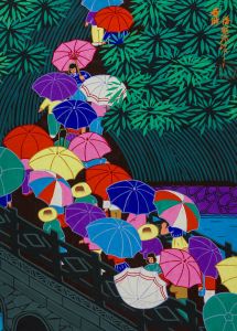Chinese Contemporary Gouache - Figures with Umbrellas on a Bridge