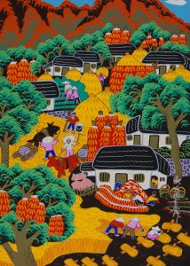 Chinese Contemporary Gouache - Busy Harvesting Scene