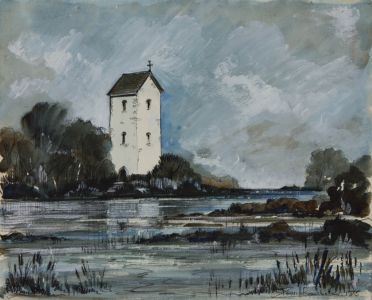 Denis H. Ramsbottom - 1975 Mixed Media, River Landscape with Chapel