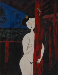 Chinese Contemporary Gouache - Nude Woman with Lizard