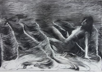 Nandy Baldwin - Very Large 1991 Charcoal Drawing, Nude in the Waves