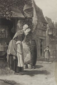 Joseph B. Pratt - Large 1881 Stipple Engraving, Woman by The Rising Sun Inn