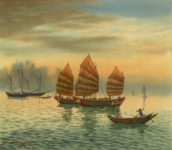 K. Nakajima - Japanese Mid 20th Century Watercolour, Junk Boats at Sea