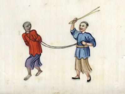 Chinese 19th Century Watercolour on Rice Paper - Punishment Scene, On a Tether