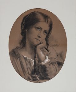 19th Century Charcoal Drawing - Portrait of a Woman with a Cross
