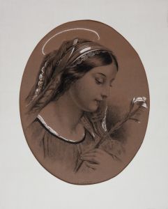 19th Century Charcoal Drawing - Portrait of a Woman with a Flower