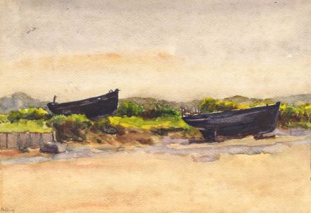 Alexander Brantingham Simpson RI - 1929 Watercolour, Boats on Shore