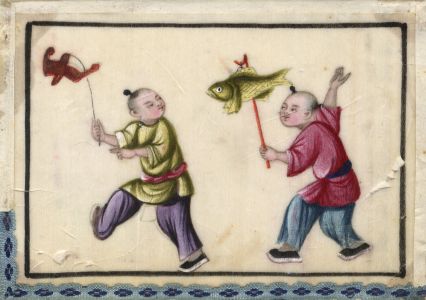 Chinese 19th Century Gouache on Pith Paper - Children with Hanging Decorations