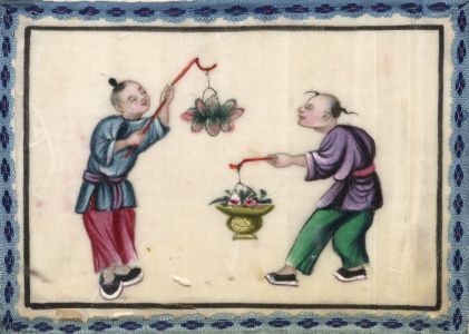 Chinese 19th Century Gouache on Pith Paper - Figures with Hanging Decorations