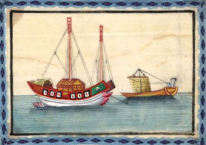 Chinese 19th Century Gouache on Pith Paper - Boats at Sea