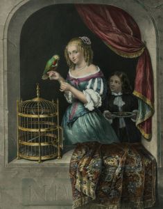 Large German Mid 19th Century Lithograph - Lady With a Parakeet