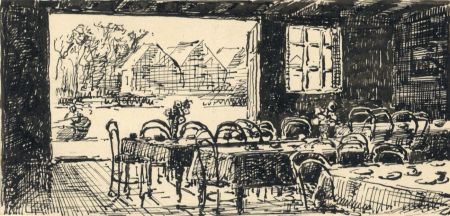 C.A. Hannaford RBA - Mid 20th Century Pen and Ink Drawing, Riverside Cafe