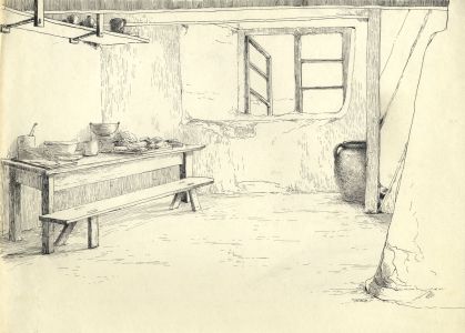 Marcus Adams - Early 20th Century Pen and Ink Drawing, Kitchen Interior