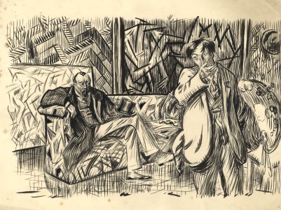 Harold Hope Read - Mid 19th Century Pen and Ink Drawing, Men in an Interior