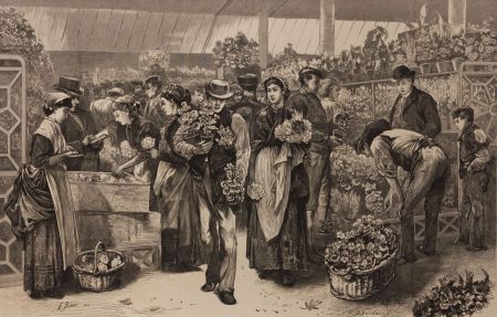 E. Buckman - 1873 Wood Engraving, The Flower Market - Illustrated London News