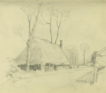 A. Newport - 1946 Graphite Drawing, Thatched Country Cottage