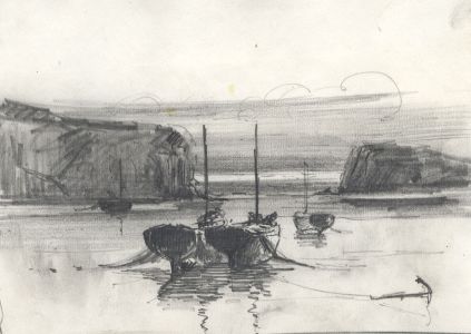 C.A. Hannaford - 1901 Graphite Drawing, Boats at Low Tide