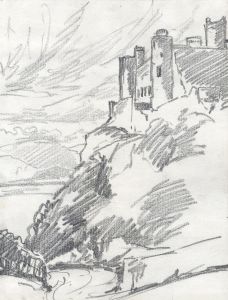 Marcus Adams - Early 20th Century Graphite Drawing, Town on a Cliff Edge