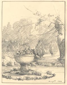 Marcus Adams - 1929 Graphite Drawing, Landscape Garden