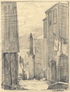 Marcus Adams - 1937 Graphite Drawing, Continental Street Scene