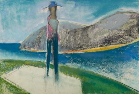 Gilbert Adams - Mid 20th Century Pastel, Woman Before Coastal Landscape
