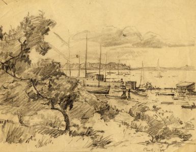 Marcus Adams - Two Early 20th Century Graphite Drawings, Statue and Harbourside