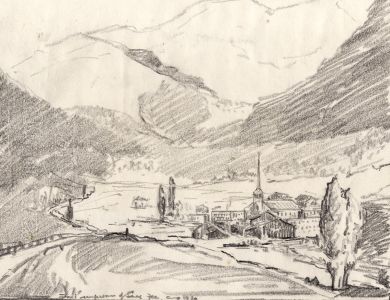 Marcus Adams - 1930 Graphite Drawing, View of Saas-Fee