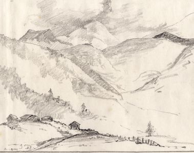 Marcus Adams - Early 20th Century Graphite Drawing, Houses in Swiss Landscape