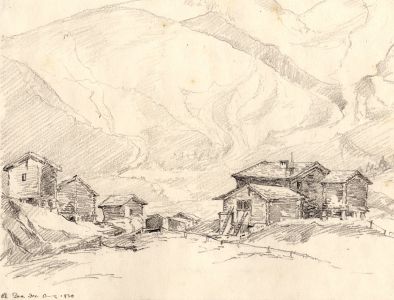 Marcus Adams - 1930 Graphite Drawing, Cabins in Saas-Fee Landscape