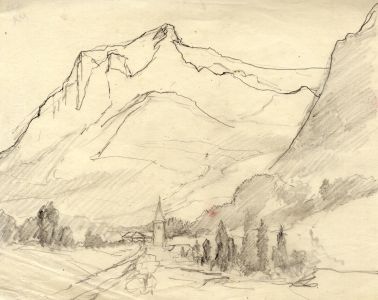 Marcus Adams - Early 20th Century Graphite Drawing, Swiss Landscape with Church