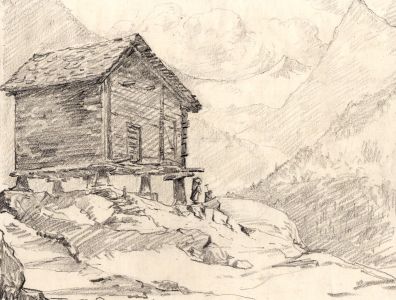 Marcus Adams - Early 20th Century Graphite Drawing, Cabin in Swiss Mountains