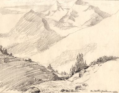 Marcus Adams - 1930 Graphite Drawing, Swiss Mountain Landscape