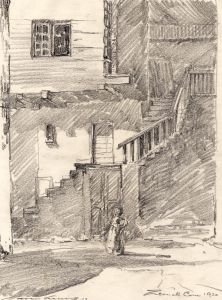 Marcus Adams - 1930 Graphite Drawing, Courtyard in Zermatt, Switzerland