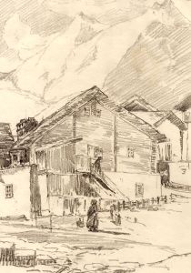 Marcus Adams - Early 20th Century Graphite Drawing, Woman Standing Before Chalet