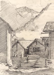 Marcus Adams - Early 20th Century Graphite Drawing, Saas-Fee Street Scene