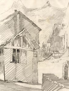 Marcus Adams - Early 20th Century Graphite Drawing, View Through Chalets