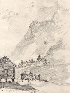 Marcus Adams - Early 20th Century Graphite Drawing, Chalet in the Mountains