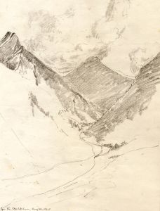 Marcus Adams - 1930 Graphite Drawing, View of Mountains