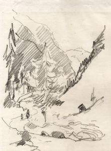 Marcus Adams - Early 20th Century Graphite Drawing, View Through Mountains